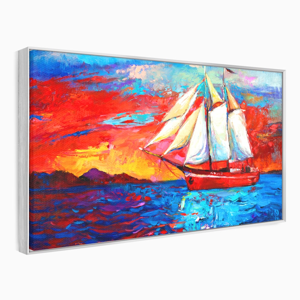 Tablou canvas cu tablou canvas cu vapor cu vele pe mare, in rama de aluminiu argintiu